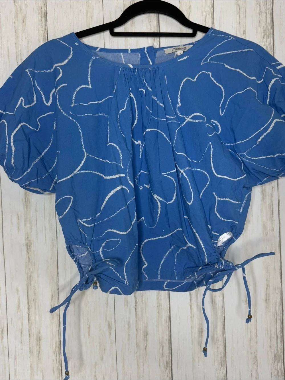 Madewell Small Blue Poplin Puff-Sleeve Cutout Crop Top